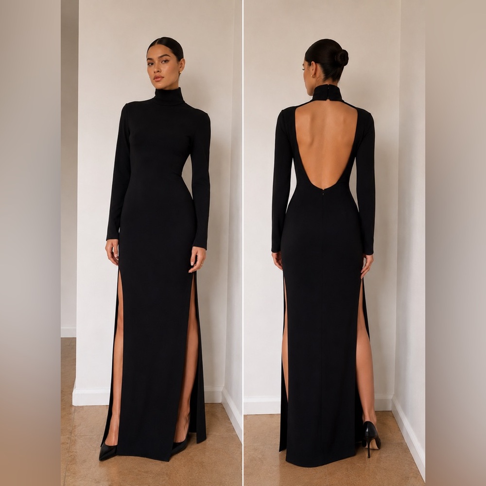 Solace London Black Long Sleeve High Neck Backless Gown